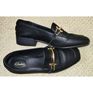 Women's Clarks Pure Block Black Leather Embellished Block Heel Loafers (Size 7)